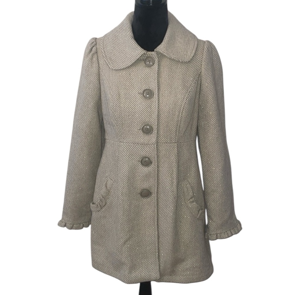 Takara Women’s Button Down Tan Gold Thread Wool Blend Tweed Pea Coat Bow‎ Medium